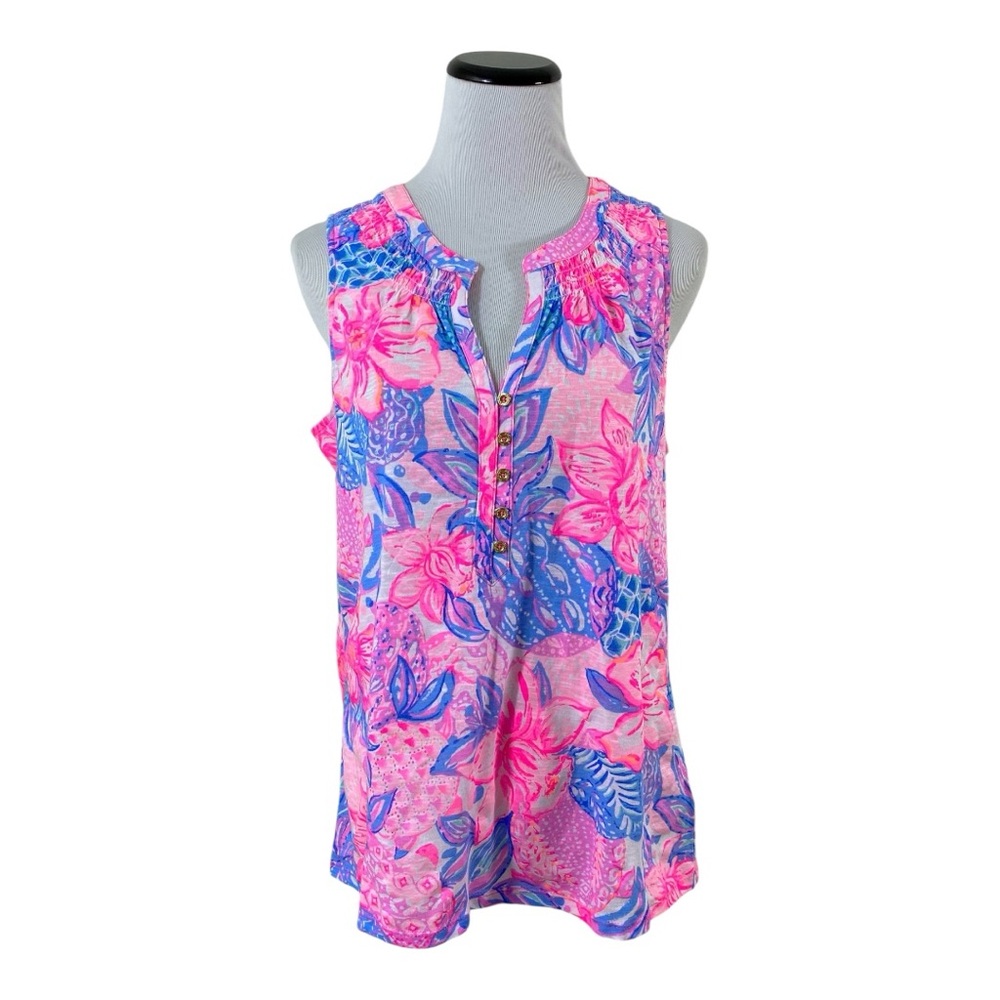 Lilly Pulitzer Essie Top Sz L Snappy Turtle Pink Isle Floral Sleeveless